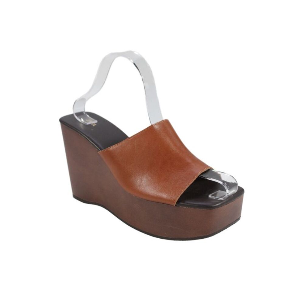 Zara Womens Faux Leather Square Open Toe Wedge Platform Heels Brown Sz 8